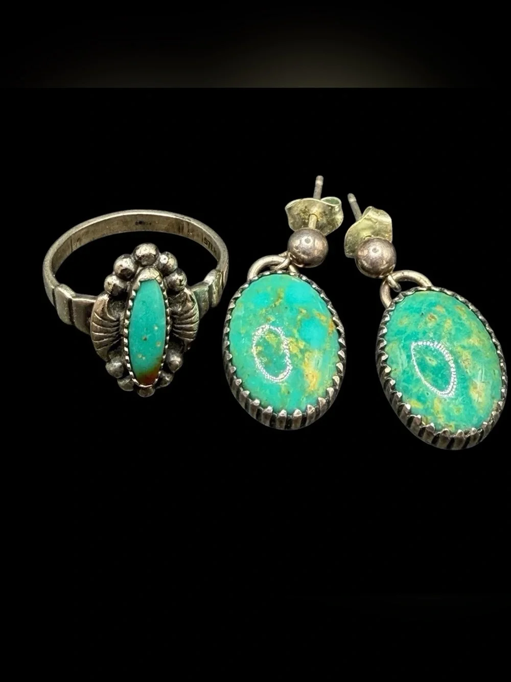 Vintage Running Bear Sterling Turquoise Ring Size 5 & Drop Earrings Set